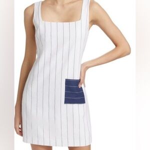 IF ONLY STUDIO White & Navy Blue Pinstripe Cotton-Linen Patch Minidress: Size 10